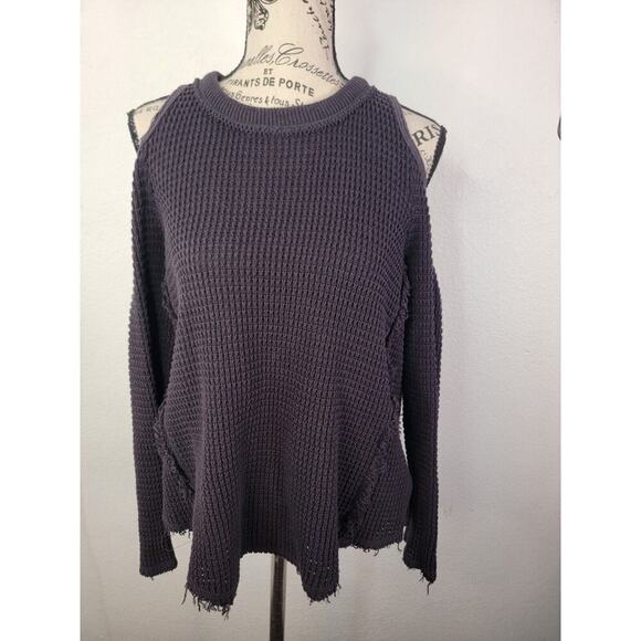 Free People Thermal Top XS Moonshine Cold Shoulder Sweater Grunge Distressed Hem - Picture 2 of 9
